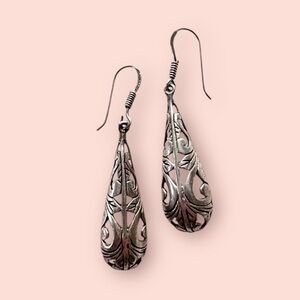 Vintage 925 Sterling Silver Cut Out Scroll Teardrop Dangle Earrings